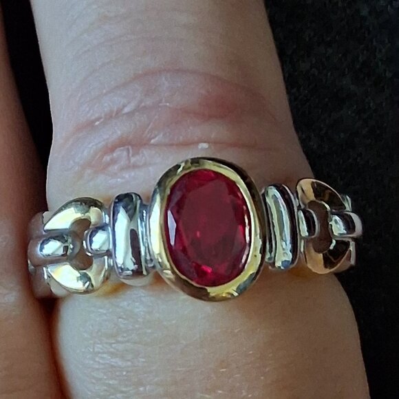 Thailand Two Tone gold silver Red Ruby Ring sz 9.25 - Picture 5 of 7